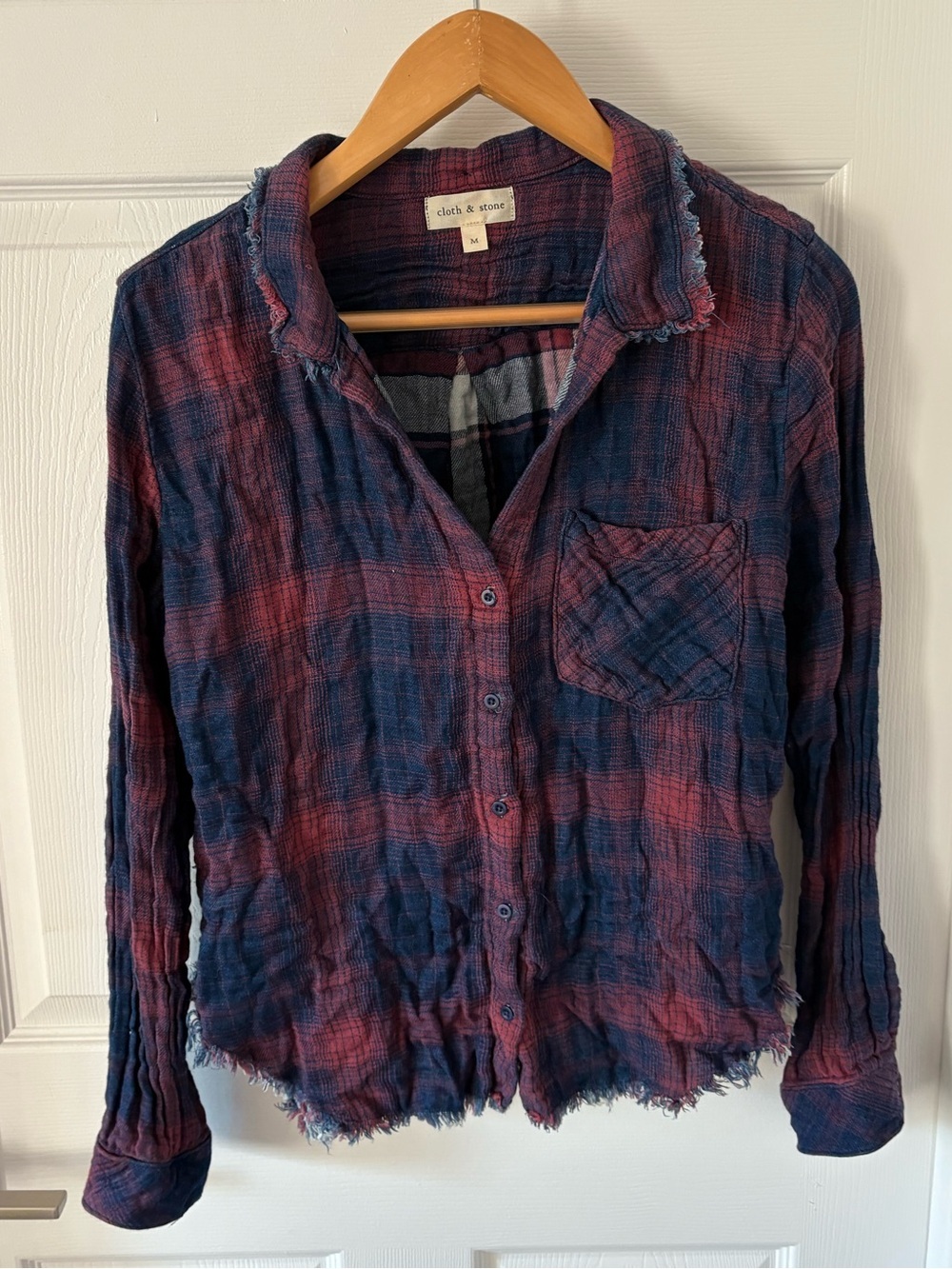 Cloth & Stone Plaid Raw Edge Button-Down Shirt Size M